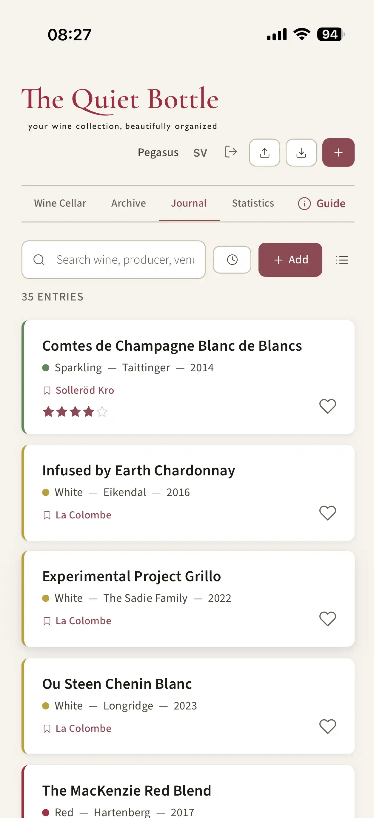 The Quiet Bottle on mobile — Journal view